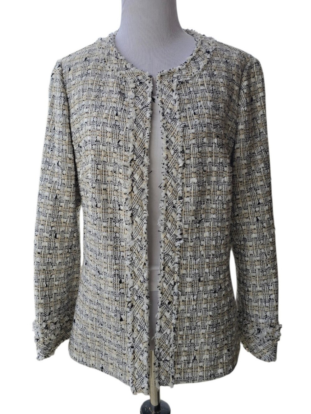 LAFAYETTE 148 Size 8 Tweed Blazer Raw Fringe Hem Open Front Plaid Cotton Blend